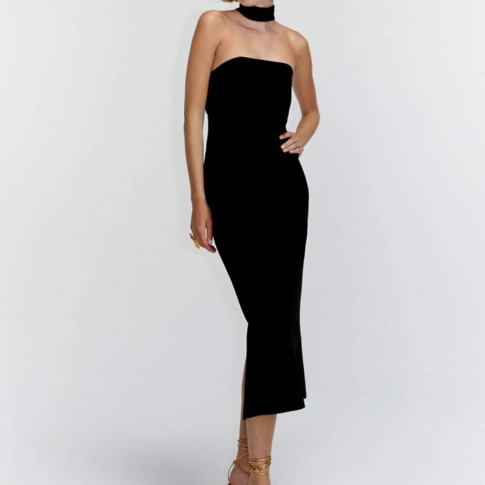 ZARA DRAPED DRESS WITH CHOKER  BLACK - SCARF TOP NECK TIE S/M stretch